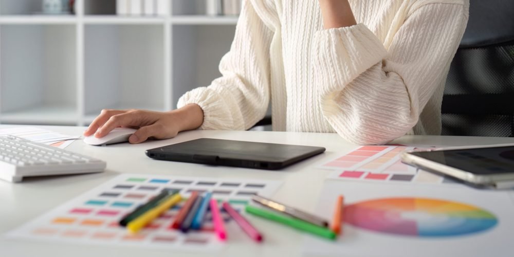 Woman graphic designer working in home office. Artist creative designer illustrator graphic skill concept.